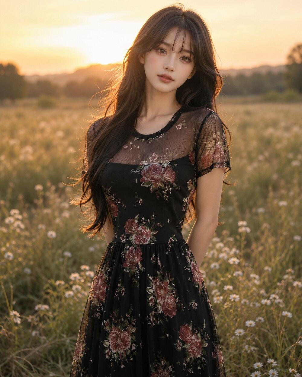 Gathering Petals & Garden Wanderings Cottagecore blooms Mesh overlay maxi dress